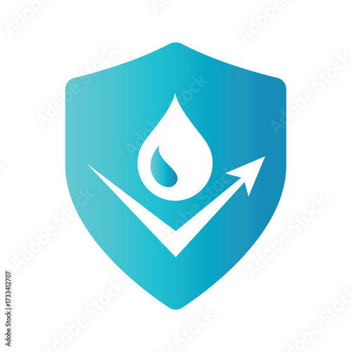 Waterproof shield with drop and arrow icon. Colorful blue water proof vector label.