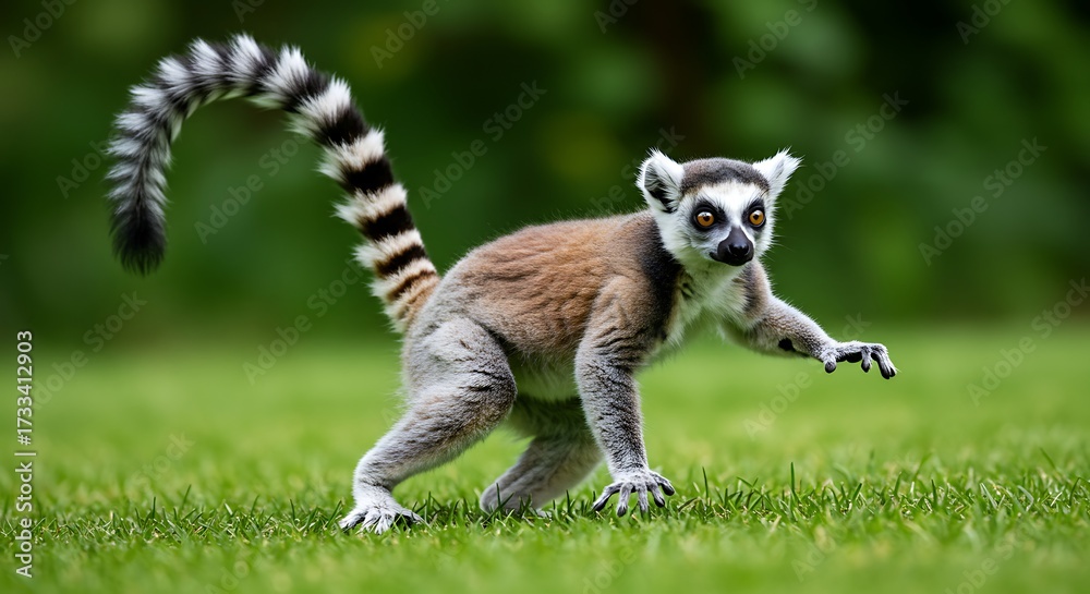 Obraz premium Ring tailed lemur walking on grass in natural outdoor environment