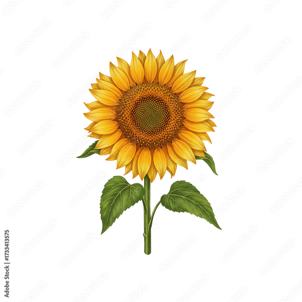 Fototapeta premium A beautiful bright yellow sunflower with green leaf and stem, isolated on a white background