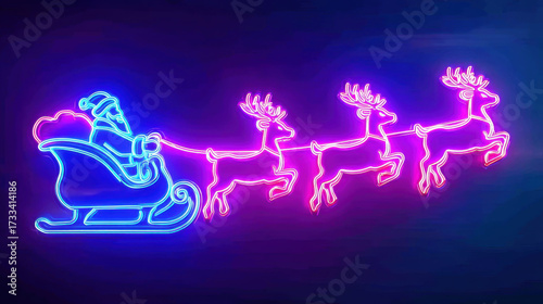 Neon illustration of Santa Claus in sleigh with reindeer, glowing in vibrant blue and pink colors