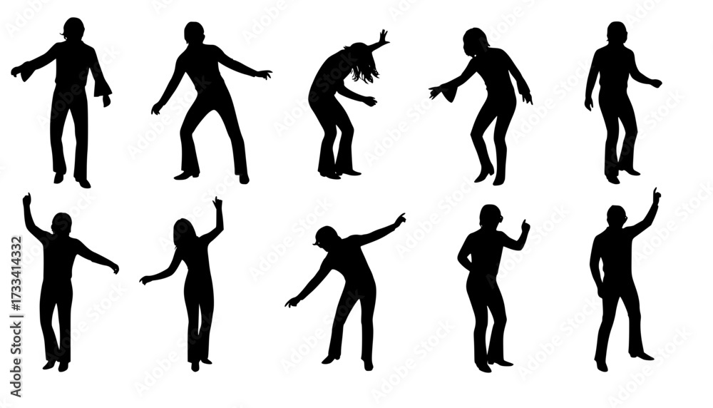 Naklejka premium A group of retro 70s disco dancer silhouettes in groovy poses 
