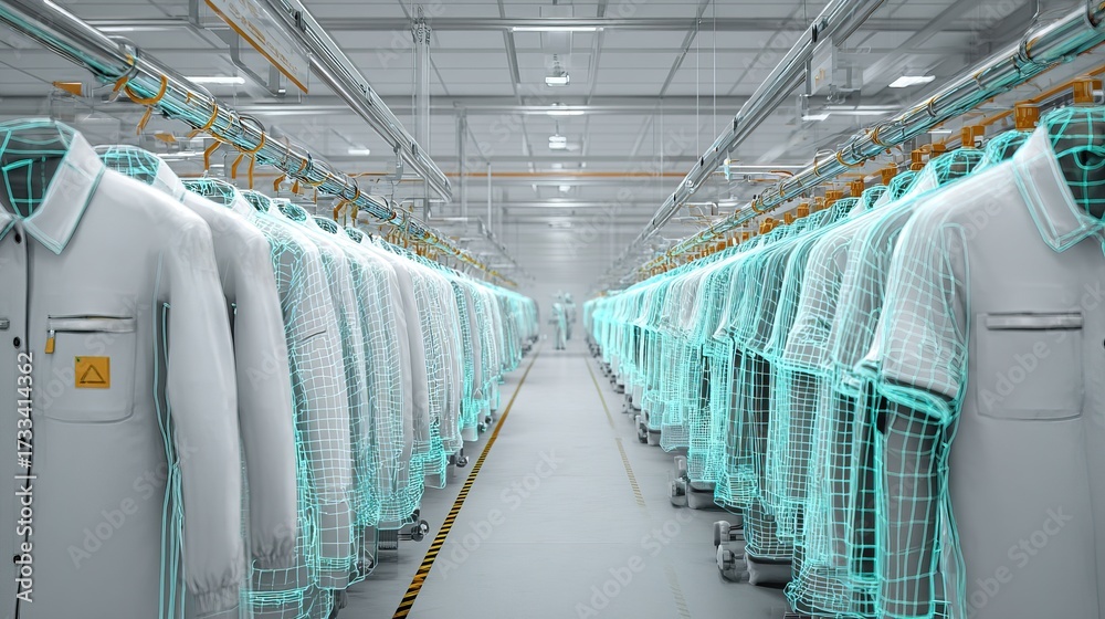 Obraz premium Innovative Factory Automation in Textile Manufacturing Modern Warehouse 3D Visualization High-Tech Environment Industrial Perspective Future of Fashion