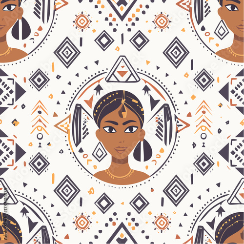 A seamless African tribal geometric pattern with angular symbolic motifs. Perfect for textiles, branding, and traditional surfaces.