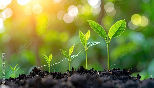 Young plants growing, highlighted by sunlight, in increasing stages on soil