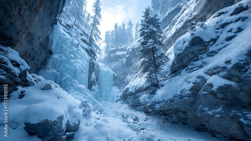 Majestic frozen canyon with icy waterfalls and snow covered evergreen trees under a bright sky