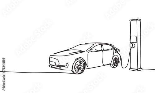 Electric Car Charging at Station Line Art Illustration