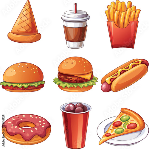 A Colorful Cartoon Collection of Classic Fast Food Items Demonstrating a Variety of Popular Choices and Common Culinary Delights