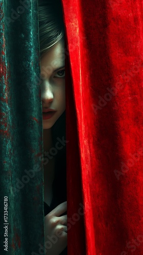 Intriguing glimpse: Portrait of a woman concealed behind vibrant curtains backdrop