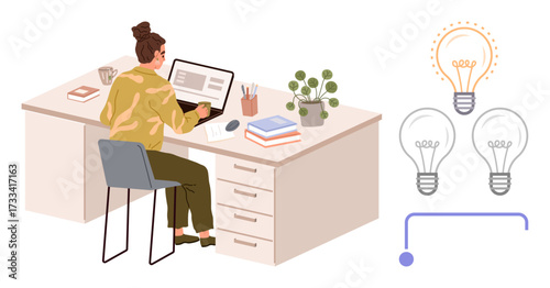 Woman focused on laptop at office desk with books, plant, and pencil holder. Conceptual light bulbs symbolize creativity, brainstorming, innovation, productivity, problem-solving, research