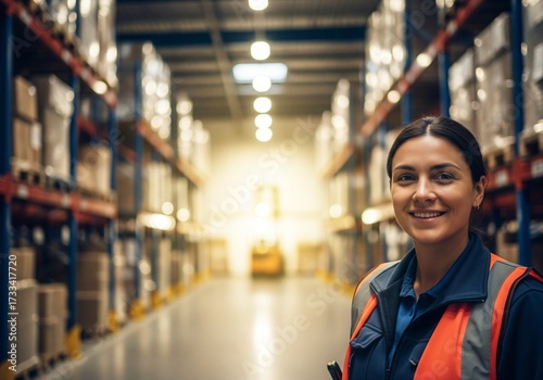 A smiling female logistician in a signal vest poses against the backdrop of a large warehouse with a forklift. The concept of career growth and gender equality in distribution and management.
