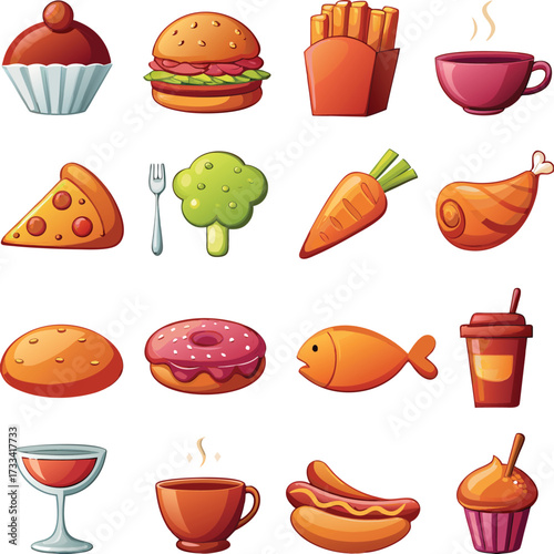 Diverse Food Icons A Colorful Cartoon Compilation of Culinary Delights and Healthy Choices for Nutrition and Visual Appeal