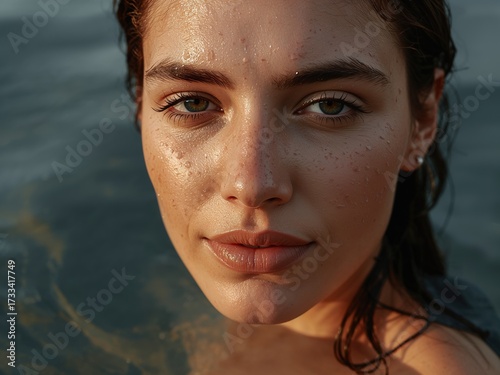 Portrait of a Woman Embracing Natural Beauty and Hydration: Close-Up of Serene Skin and Fresh Emotion in Sunny Outdoor Setting