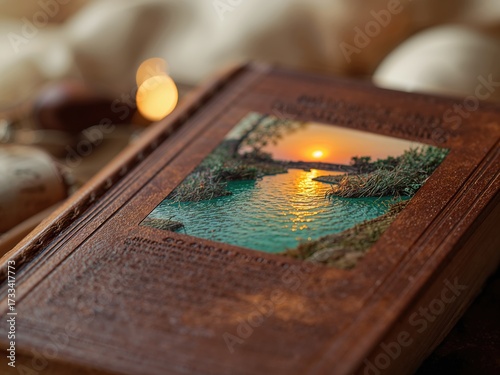 Vintage Leather Book with Serene Sunset Water Reflection in Nature Photography: Storytelling and Craftsmanship in Rustic Decor