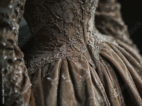 Elegant Vintage Bridal Couture Gown with Intricate Embroidery and Luxurious Fabrics in Warm Tones for Formal Evening Wear Fashion