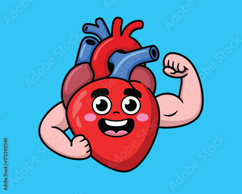Strong cartoon heart flexing its muscle