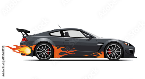 Sports car with flames on the side and exhaust.