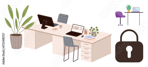 Office desks with laptops, chairs, plants, notebooks, coffee cup, security lock symbol emphasizing data protection. Ideal for cybersecurity, privacy, productivity collaboration remote work