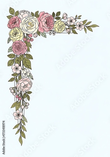 Elegant Rose and Blossom Corner Ornamentation with Delicate Foliage