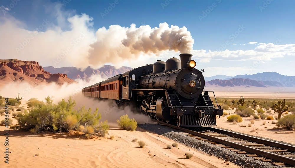 Fototapeta premium Steam train in desert landscape