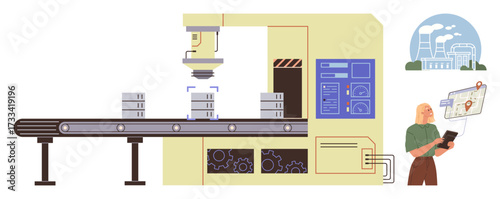 Automated production line assembling components with robotic precision. Technician analyzing data on tablet. Ideal for manufacturing, automation, technology, robotics, production, industry