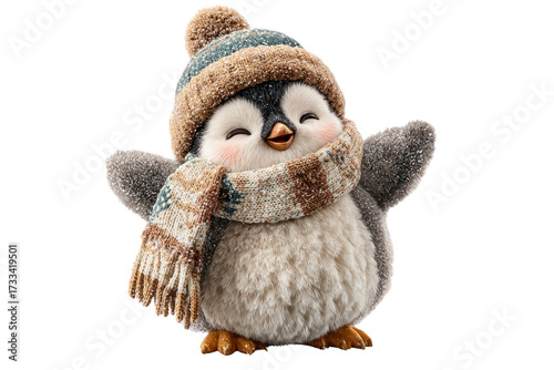 Adorable Cute Penguin Plush Toy Wea Winter Knitted Hat and Scarf with Closed Eyes Playing Joyfully on White Background