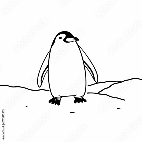 Cartoon penguin standing on ice in a minimalist style  