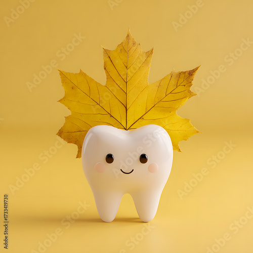Happy smiling cartoon tooth wearing autumn leaf hat on a yellow background, dental care