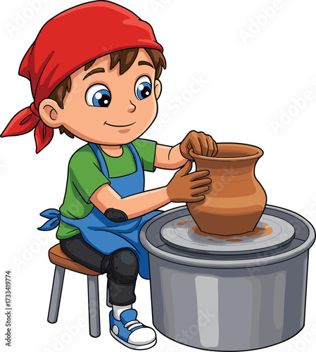 Cartoon boy making clay pot on pottery wheel, child craftsman character wearing apron, creative art activity, handmade ceramic craft illustration