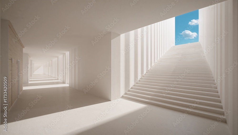Fototapeta premium Abstract white staircase leading towards a bright blue sky opening
