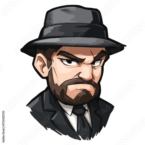 Cartoon illustration of a serious gangster character in a classic suit and hat. Mafia-inspired, vintage style, perfect for games, comics, and creative projects.