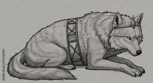 Wolf wearing crown with harness illustration on gray background
