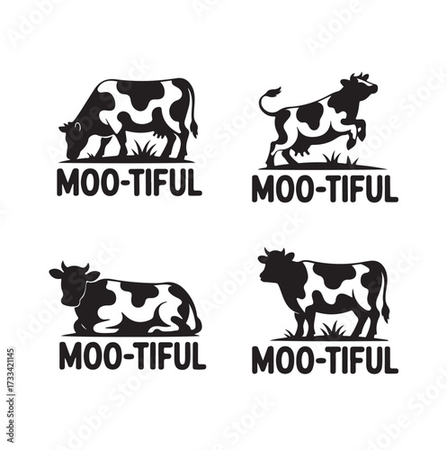 Four black and white spotted cow silhouettes with text Moo-tiful Keywords: cow, cattle, silhouette, farm, animal, livestock, spotted, black and