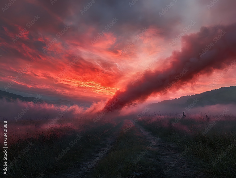 Obraz premium Spectacular crimson twilight over rural landscape with atmospheric mist trails