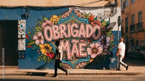 Vibrant Obrigado Mae Graffiti Art on a City Wall in Lisbon