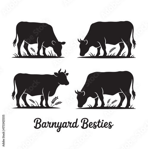 Four black cow silhouettes grazing and standing in grass with text Barnyard Besties Keywords: cow, cattle, silhouette, farm, animal, livestock