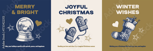 Christmas poster set with hand drawn holiday illustrations. Festive mood, elegant vintage style. Vector sketch banners