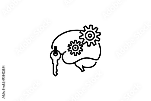 the key of brain mechanism system line icon template design. the illustration consist of key, gear, and brain. black color on object isolated on white background