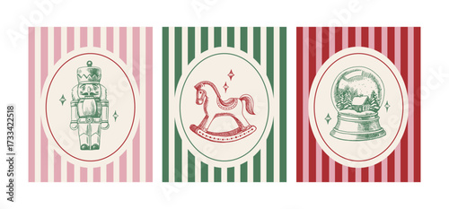 Christmas poster set with hand drawn holiday Nutcracker, snow ball and toy rocking horse. Festive mood, elegant vintage style. Vector sketch illustration.