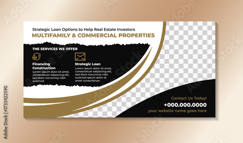 Real estate house property horizontal banner. cover advertising template use example of headline is multifamily and commercial properties. Combination gold and black on element. white background.