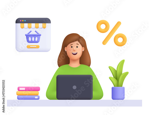 Young smiling woman Kate buy on online store marketplace, using laptop. Online shopping, home delivery, e-commerce, discount and sales concept. 3d vector people character. Cartoon minimal style.