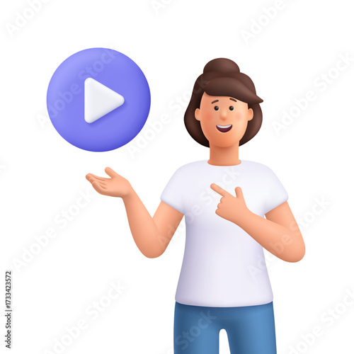 Young smiling woman Jane pointing at a large purple play button. Multimedia, video content, online streaming and entertainment concept. 3d vector people character. Cartoon minimal style.