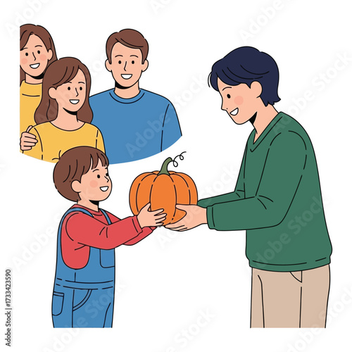 Family enjoys a festive autumn day picking pumpkins at a patch for halloween and fall celebrations