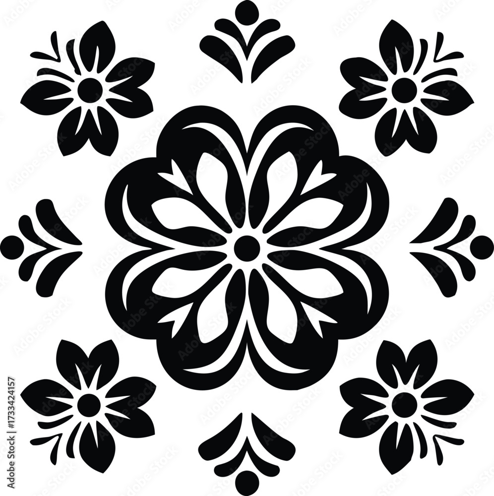 Fototapeta premium Symmetrical Floral Medallion Design with Ornate Petals and Flourishes A Decorative Motif for Textiles and Crafts With a Black and White Palette