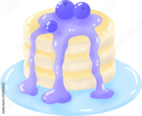 Delicious Stack of Pancakes with Blueberry Syrup and Fresh Berries Illustration