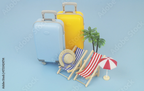 Foto Blue and red beach chairs with hat, umbrella, suitcases and palm tree on blue background