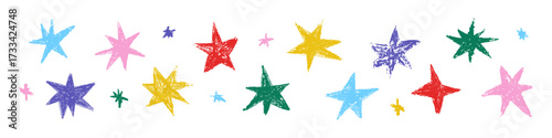 Color stars set with chalk, charcoal texture. Naive hand drawn scribble crayons stars. Doodle grunge design elements kids vector illustration isolated on transparent background