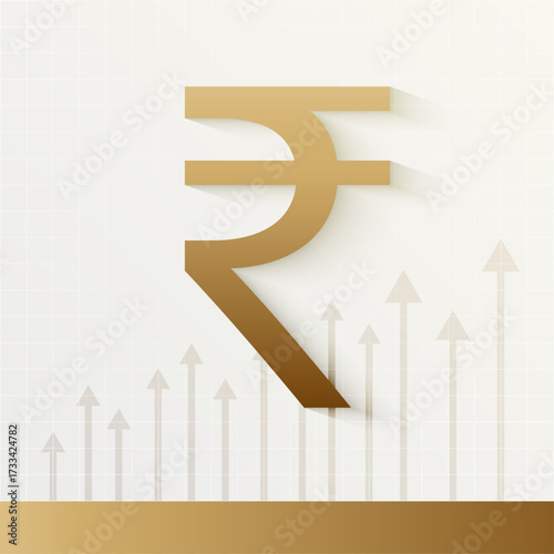 Indian rupee symbol with rising arrows symbolize rupee growth, profit and economy success