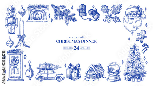 Christmas invitation card with hand drawn holiday elements. Festive mood, elegant vintage style frame design. Vector sketch illustration.