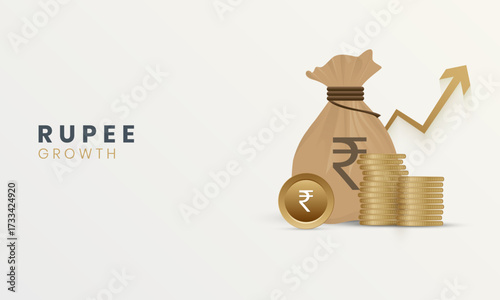 Indian rupee money bag with rupee coin and rising arrow symbolize rupee growth, profit and success
