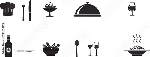 Restaurant and Dining Icon Silhouettes Set. Vector Illustrations of Food, Cutlery, Chef Hat, Wine, and Serving Dish. Cuisine and Gourmet Symbols